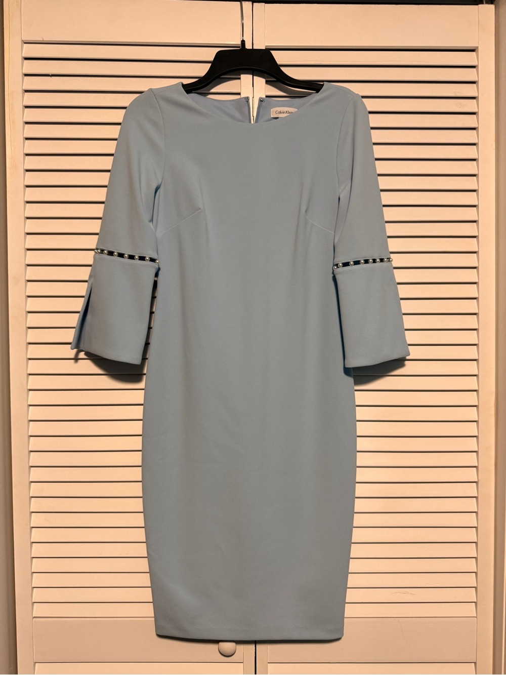 Calvin Klein Light Blue Sheath Dress with Pleated Bell Sleeves